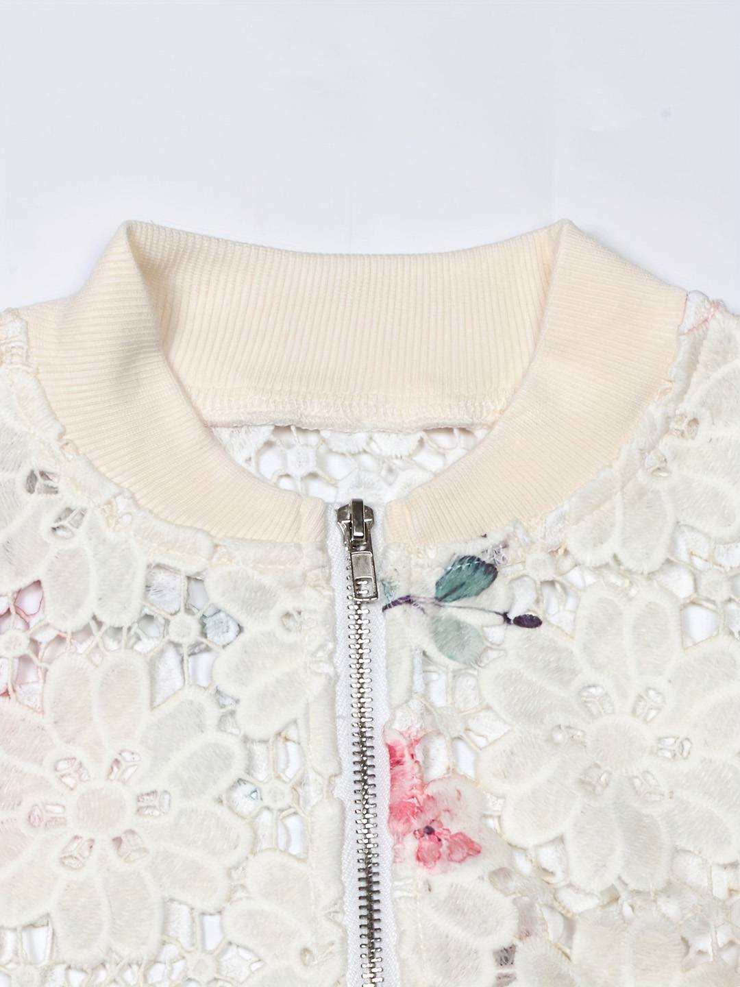 Cocolii court blouson bombers femme en dentelle à fleurie brodée col base-ball décontracté veste automne