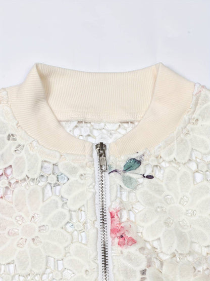 Cocolii court blouson bombers femme en dentelle à fleurie brodée col base-ball décontracté veste automne