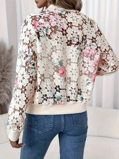 Cocolii court blouson bombers femme en dentelle à fleurie brodée col base-ball décontracté veste automne