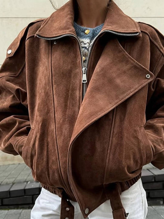 Cocolii court perfecto femme en suedine veste en daim poches ceinture vintage blouson motard pour automne
