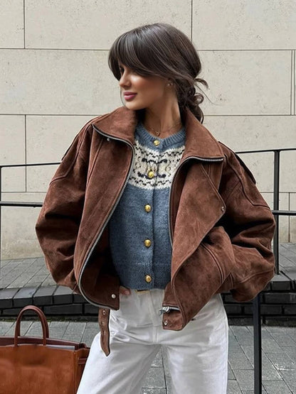Cocolii court perfecto femme en suedine veste en daim poches ceinture vintage blouson motard pour automne