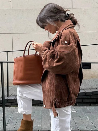 Cocolii court perfecto femme en suedine veste en daim poches ceinture vintage blouson motard pour automne