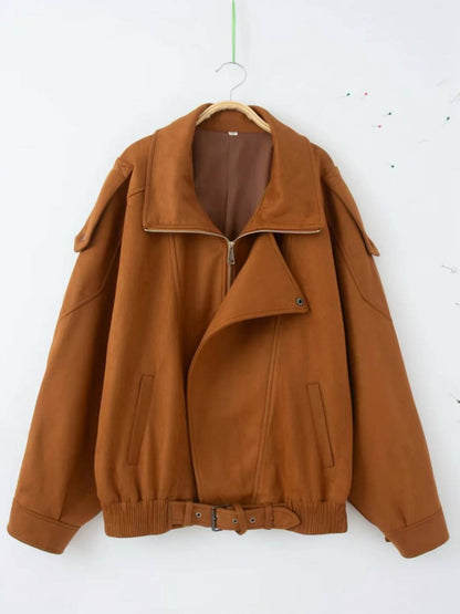 Cocolii court perfecto femme en suedine veste en daim poches ceinture vintage blouson motard pour automne