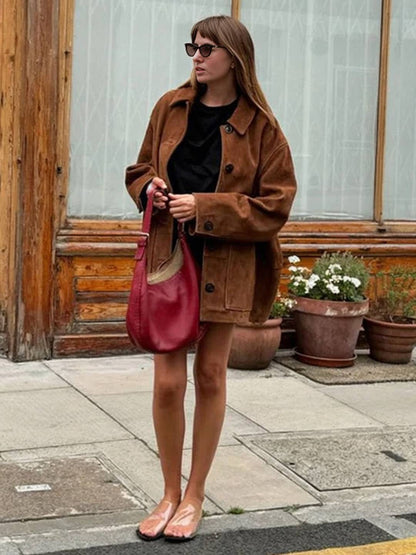 Cocolii surchemise femme en daim veste en suedine boutonnage poches col revers vintage décontracté blouson d'automne