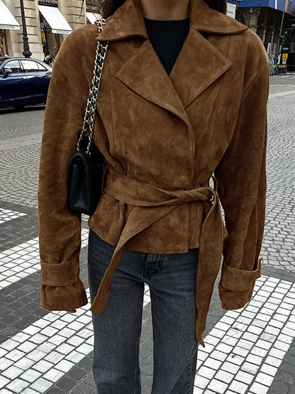 Cocolii veste court femme en suedine ceinture col revers décontracté vintage blouson en daim automne
