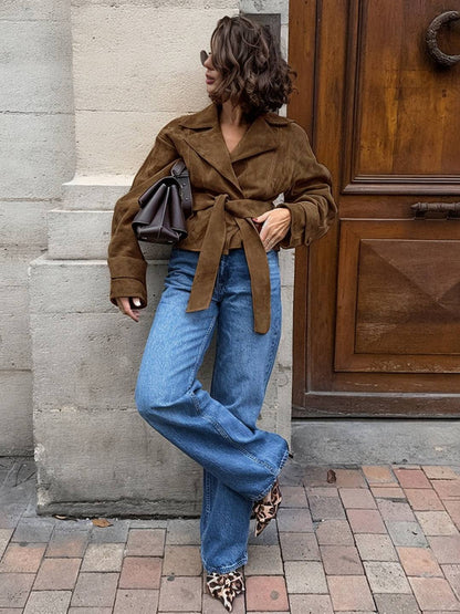 Cocolii veste court femme en suedine ceinture col revers décontracté vintage blouson en daim automne