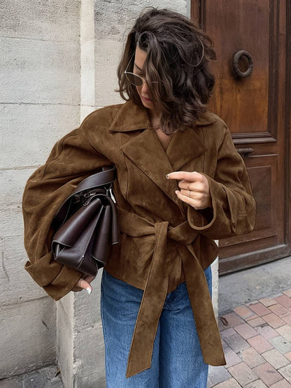 Cocolii veste court femme en suedine ceinture col revers décontracté vintage blouson en daim automne