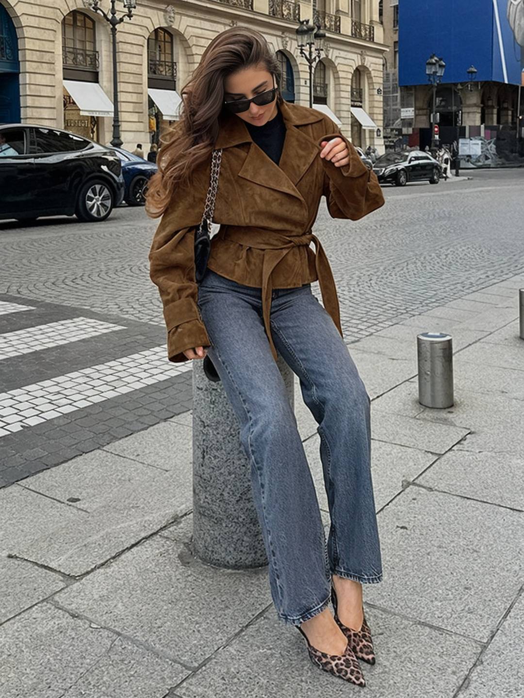 Cocolii veste court femme en suedine ceinture col revers décontracté vintage blouson en daim automne