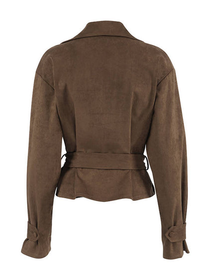 Cocolii veste court femme en suedine ceinture col revers décontracté vintage blouson en daim automne