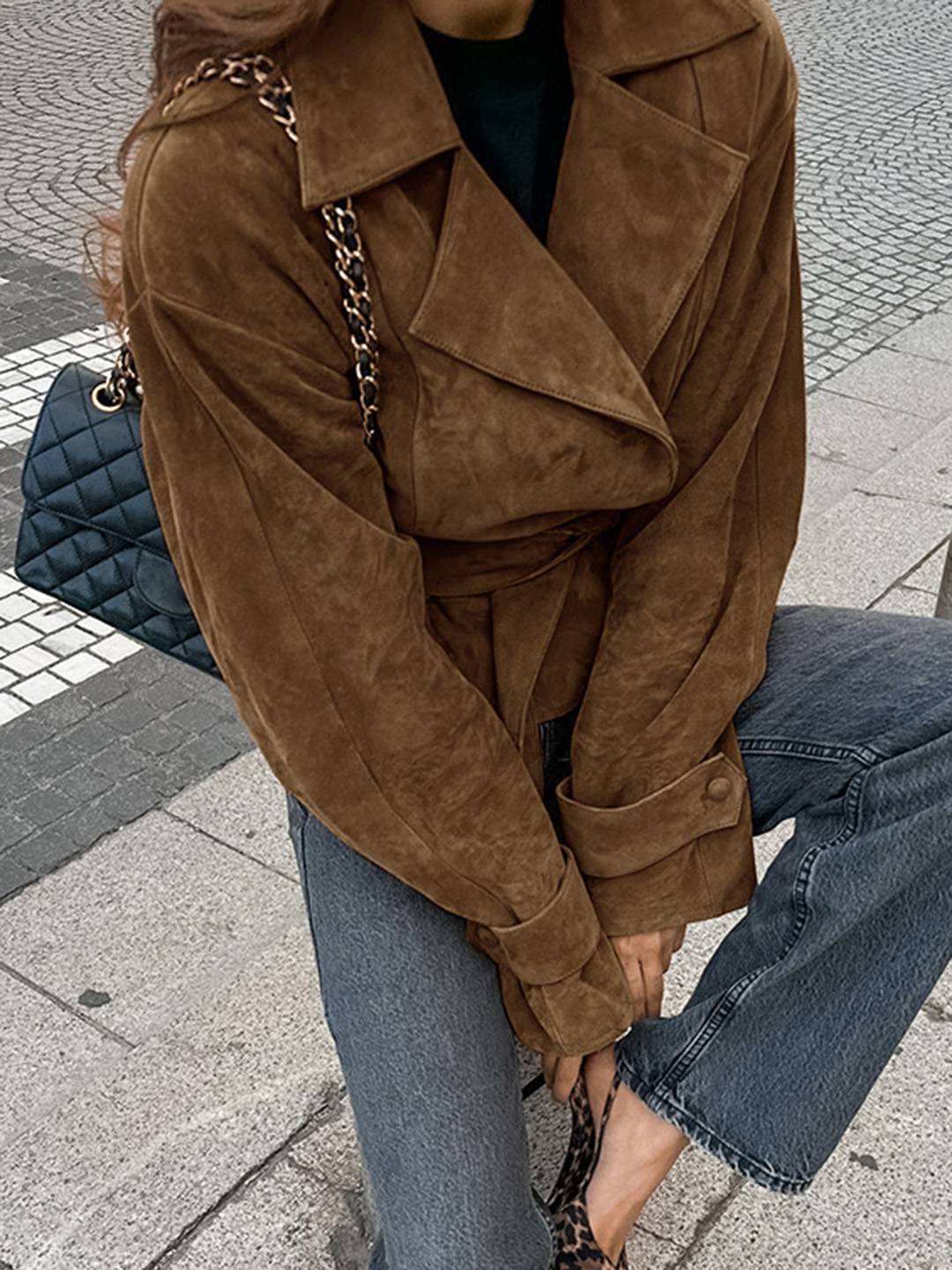 Cocolii veste court femme en suedine ceinture col revers décontracté vintage blouson en daim automne