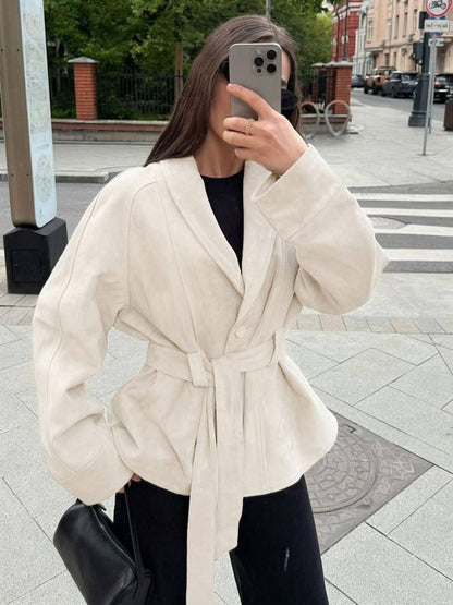 Cocolii perfecto veste femme en daim boutons ceinture v-cou style boyfriend décontracté vintage suedine blazer pour automne