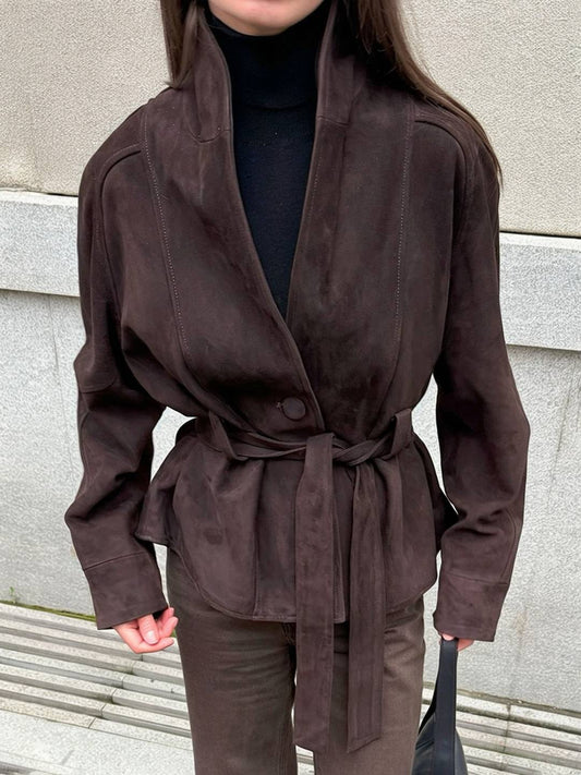 Cocolii perfecto veste femme en daim boutons ceinture v-cou style boyfriend décontracté vintage suedine blazer pour automne