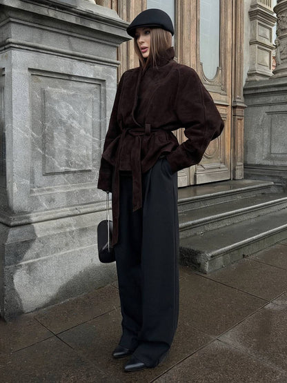 Cocolii perfecto veste femme en daim boutons ceinture v-cou style boyfriend décontracté vintage suedine blazer pour automne