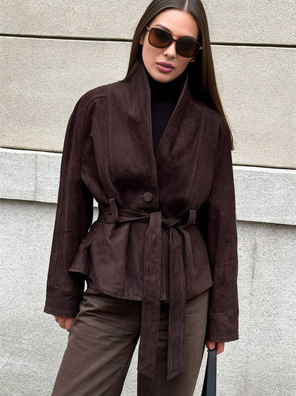 Cocolii perfecto veste femme en daim boutons ceinture v-cou style boyfriend décontracté vintage suedine blazer pour automne