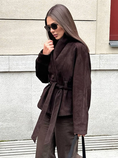Cocolii perfecto veste femme en daim boutons ceinture v-cou style boyfriend décontracté vintage suedine blazer pour automne