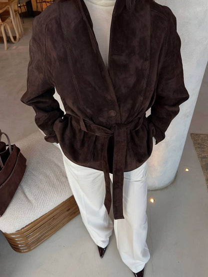 Cocolii perfecto veste femme en daim boutons ceinture v-cou style boyfriend décontracté vintage suedine blazer pour automne