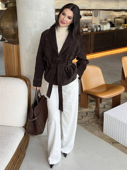 Cocolii perfecto veste femme en daim boutons ceinture v-cou style boyfriend décontracté vintage suedine blazer pour automne