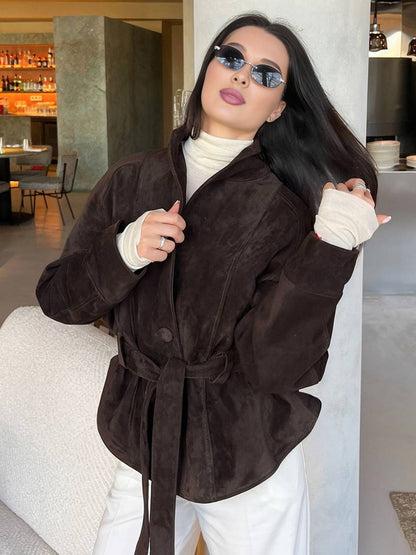 Cocolii perfecto veste femme en daim boutons ceinture v-cou style boyfriend décontracté vintage suedine blazer pour automne
