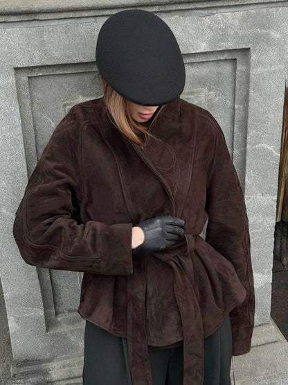 Cocolii perfecto veste femme en daim boutons ceinture v-cou style boyfriend décontracté vintage suedine blazer pour automne