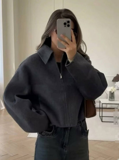 Cocolii court veste femme unicolore fermeture éclair poches manches longues femme décontracté vintage blouse automne