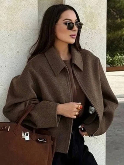 Cocolii court veste femme unicolore fermeture éclair poches manches longues femme décontracté vintage blouse automne