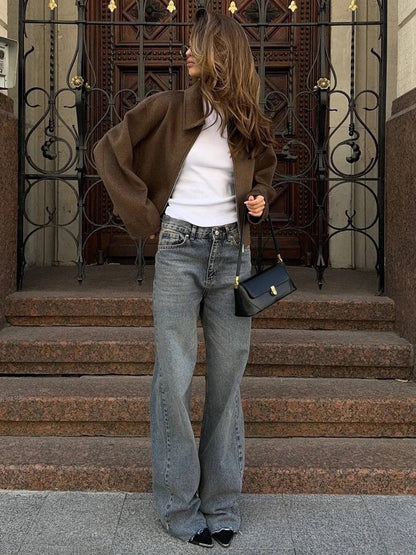 Cocolii court veste femme unicolore fermeture éclair poches manches longues femme décontracté vintage blouse automne