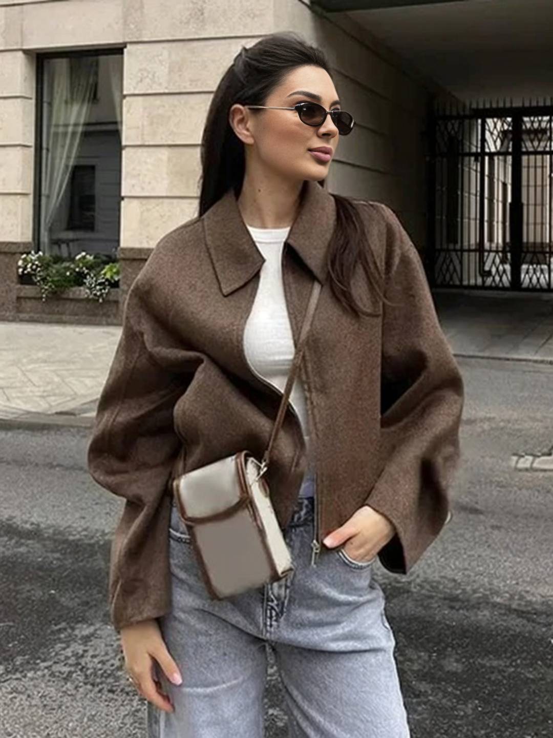 Cocolii court veste femme unicolore fermeture éclair poches manches longues femme décontracté vintage blouse automne