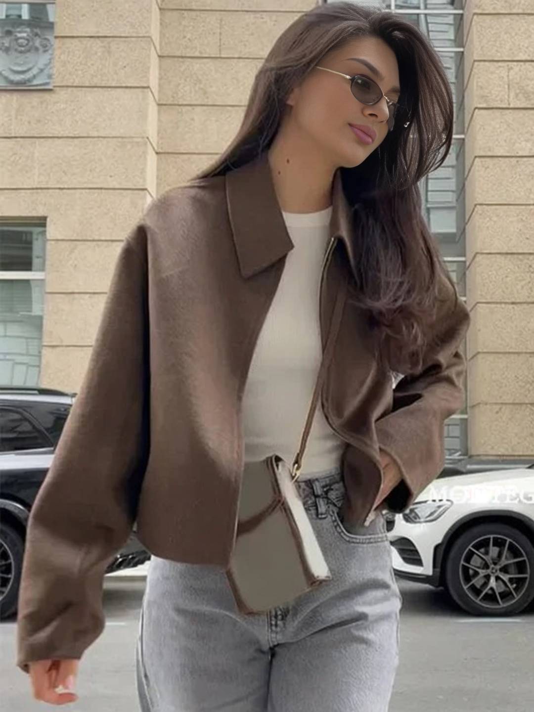 Cocolii court veste femme unicolore fermeture éclair poches manches longues femme décontracté vintage blouse automne