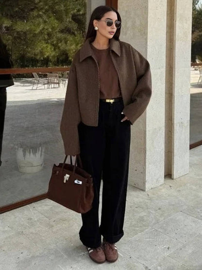 Cocolii court veste femme unicolore fermeture éclair poches manches longues femme décontracté vintage blouse automne