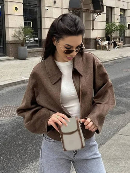 Cocolii court veste femme unicolore fermeture éclair poches manches longues femme décontracté vintage blouse automne