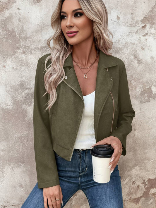 Cocolii court perfecto femme en suedine fermeture éclair col revers manches longues boyfriend style motard veste en daim