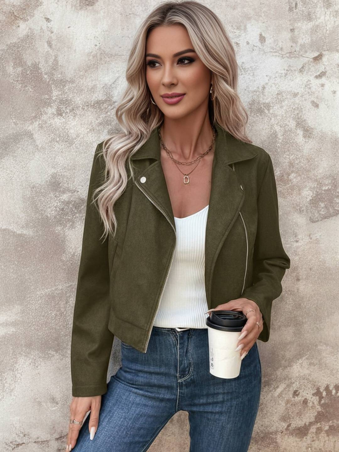 Cocolii court perfecto femme en suedine fermeture éclair col revers manches longues boyfriend style motard veste en daim