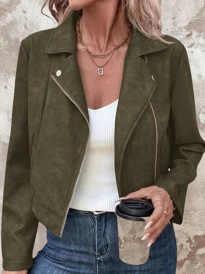 Cocolii court perfecto femme en suedine fermeture éclair col revers manches longues boyfriend style motard veste en daim