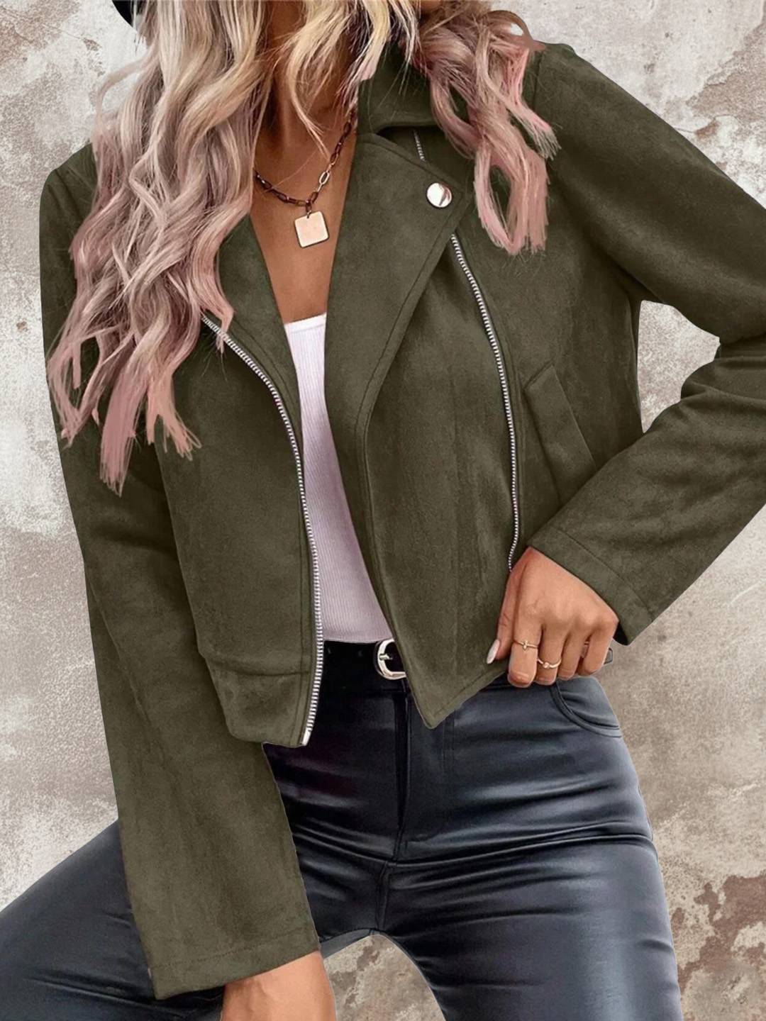 Cocolii court perfecto femme en suedine fermeture éclair col revers manches longues boyfriend style motard veste en daim