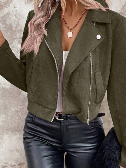 Cocolii court perfecto femme en suedine fermeture éclair col revers manches longues boyfriend style motard veste en daim