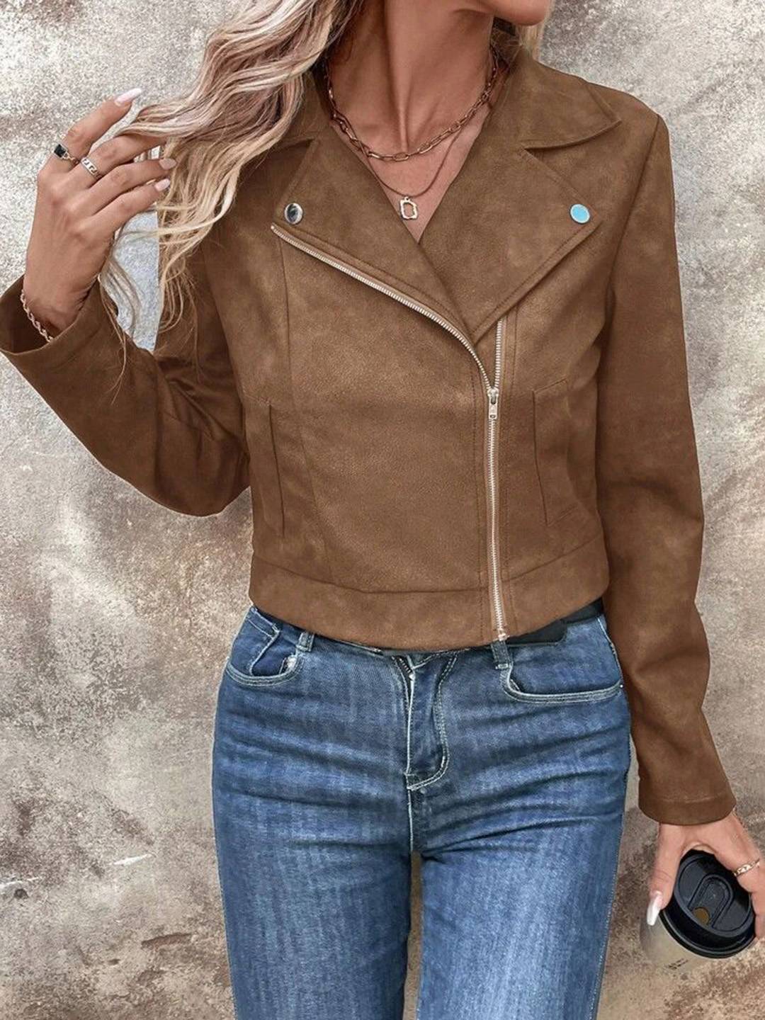 Cocolii court perfecto femme en suedine fermeture éclair col revers manches longues boyfriend style motard veste en daim