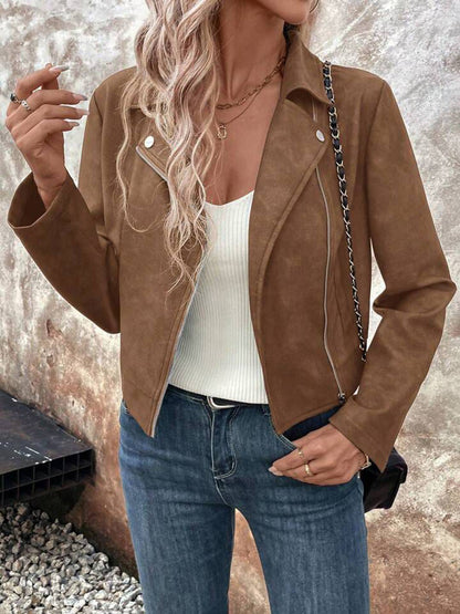 Cocolii court perfecto femme en suedine fermeture éclair col revers manches longues boyfriend style motard veste en daim