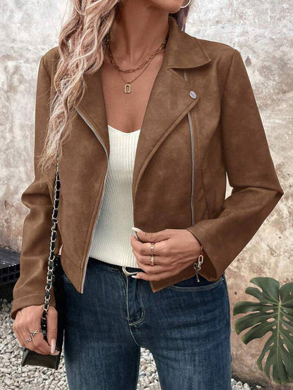 Cocolii court perfecto femme en suedine fermeture éclair col revers manches longues boyfriend style motard veste en daim