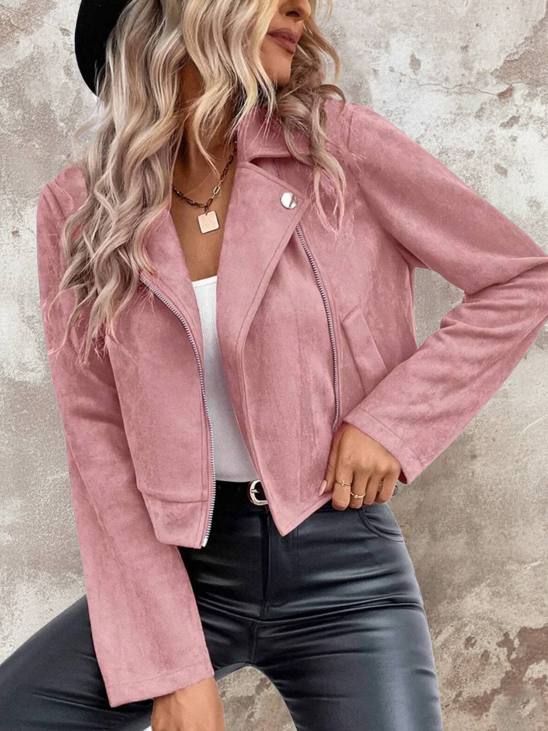 Cocolii court perfecto femme en suedine fermeture éclair col revers manches longues boyfriend style motard veste en daim