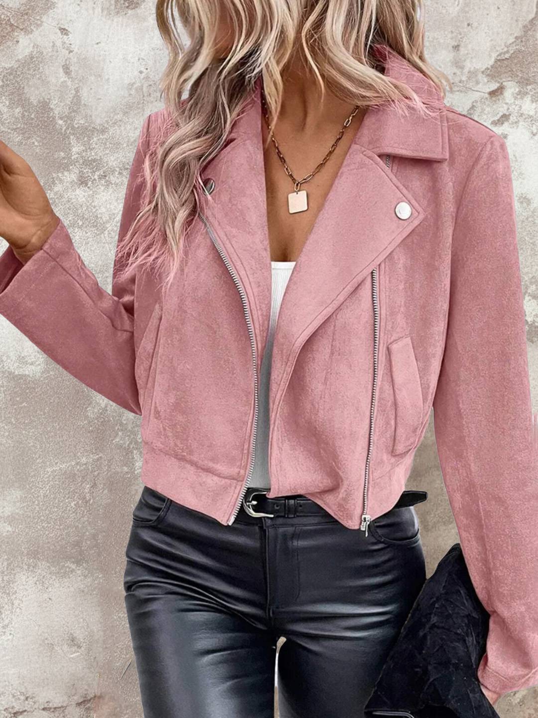 Cocolii court perfecto femme en suedine fermeture éclair col revers manches longues boyfriend style motard veste en daim