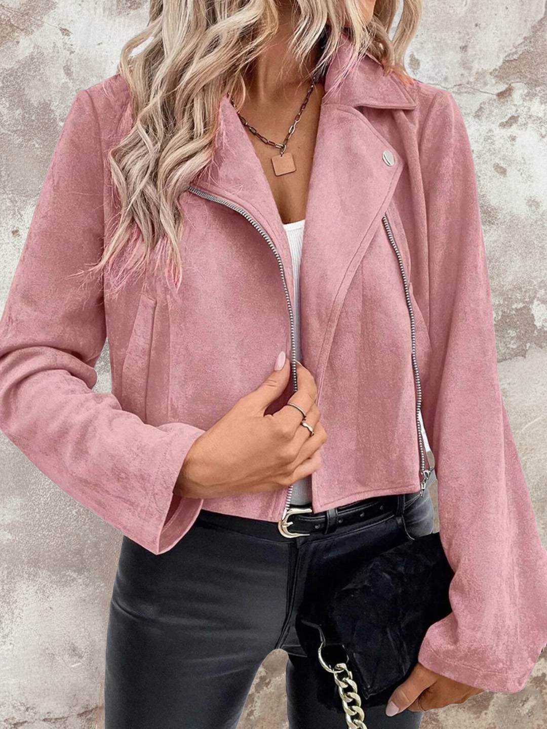 Cocolii court perfecto femme en suedine fermeture éclair col revers manches longues boyfriend style motard veste en daim