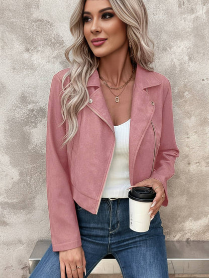 Cocolii court perfecto femme en suedine fermeture éclair col revers manches longues boyfriend style motard veste en daim