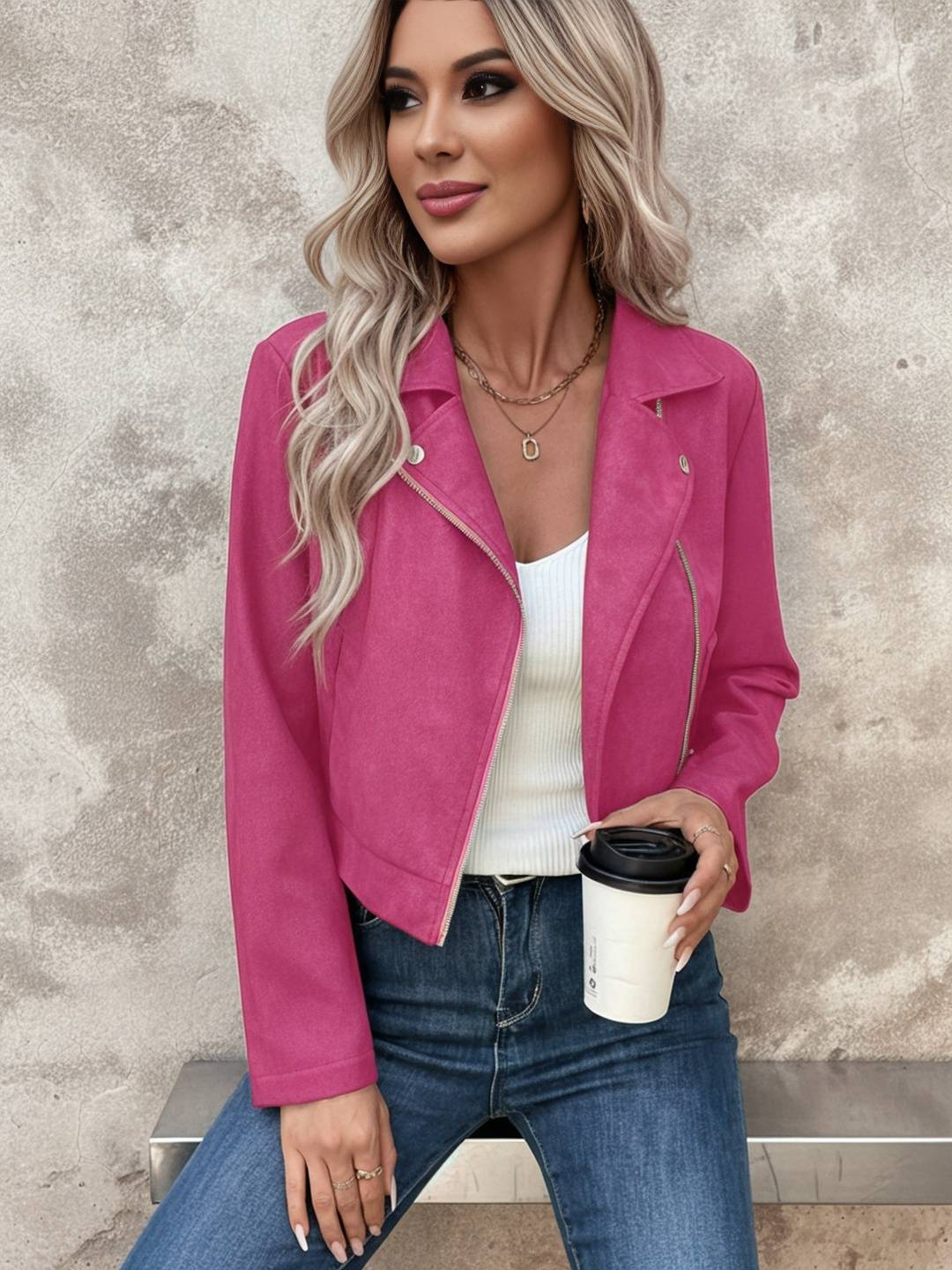 Cocolii court perfecto femme en suedine fermeture éclair col revers manches longues boyfriend style motard veste en daim