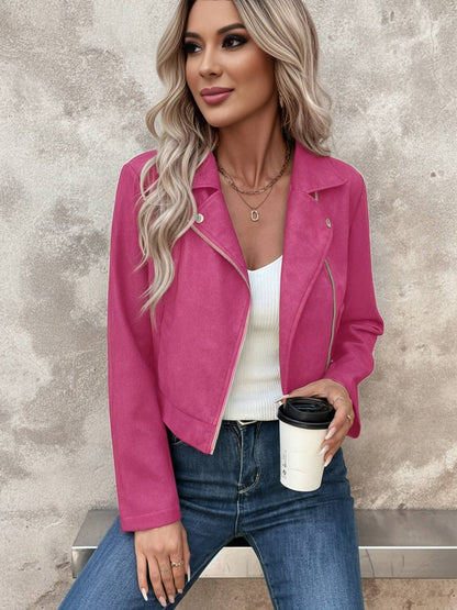 Cocolii court perfecto femme en suedine fermeture éclair col revers manches longues boyfriend style motard veste en daim