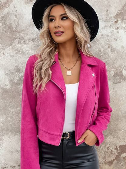 Cocolii court perfecto femme en suedine fermeture éclair col revers manches longues boyfriend style motard veste en daim