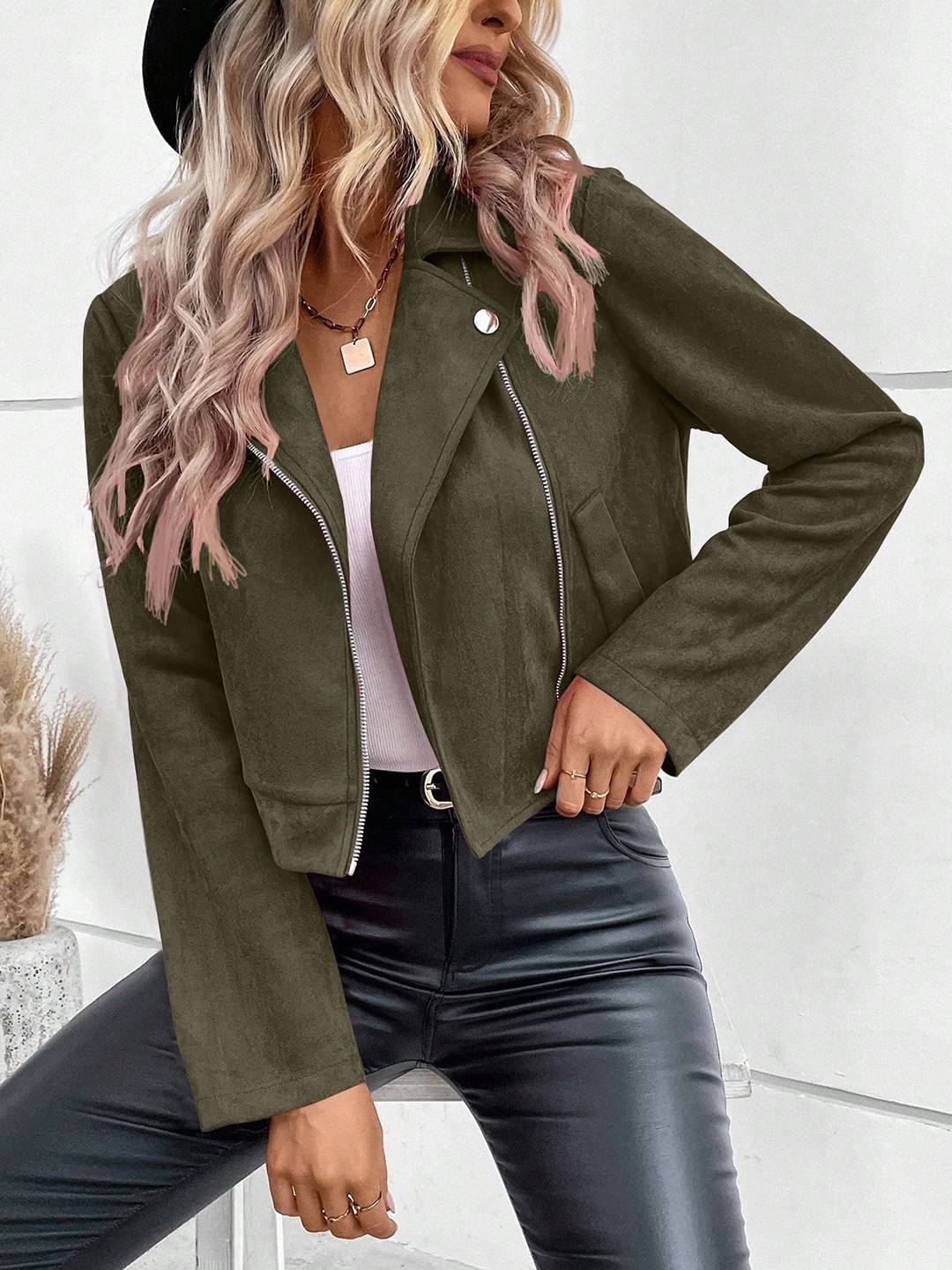 Cocolii court perfecto femme en suedine fermeture éclair poches col revers décontracté veste daim blouson