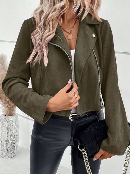 Cocolii court perfecto femme en suedine fermeture éclair poches col revers décontracté veste daim blouson