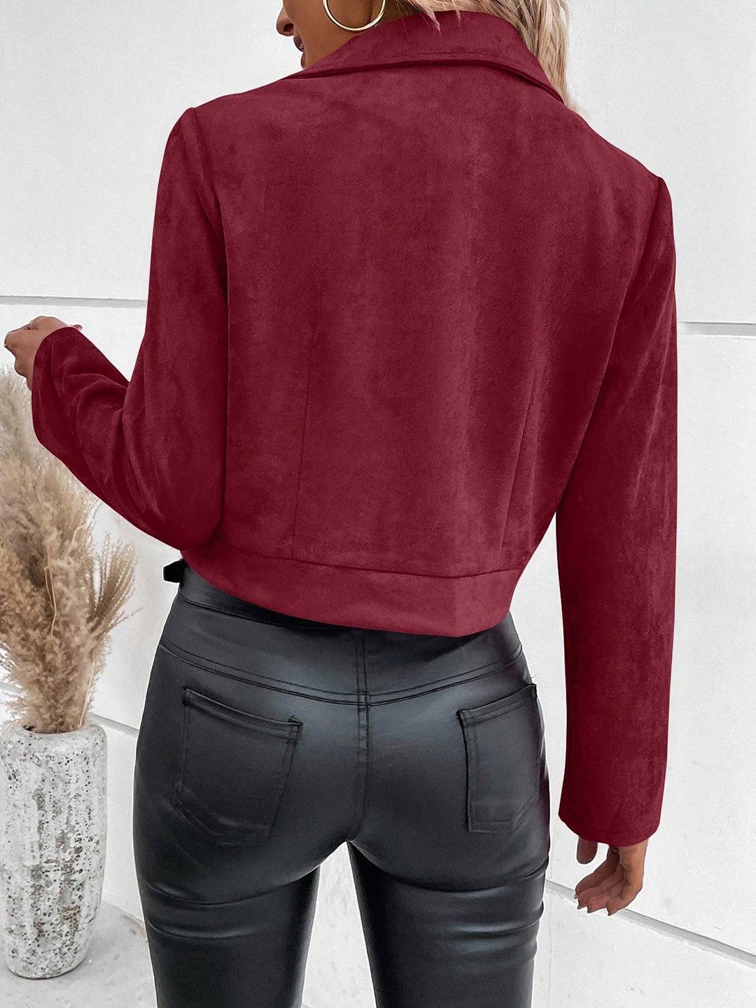 Cocolii court perfecto femme en suedine fermeture éclair poches col revers décontracté veste daim blouson