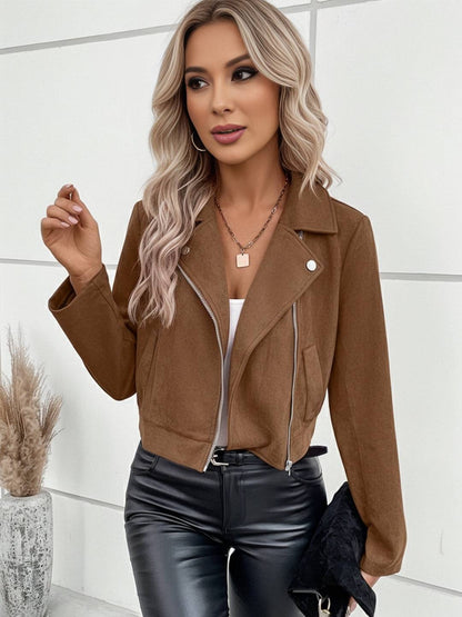 Cocolii court perfecto femme en suedine fermeture éclair poches col revers décontracté veste daim blouson