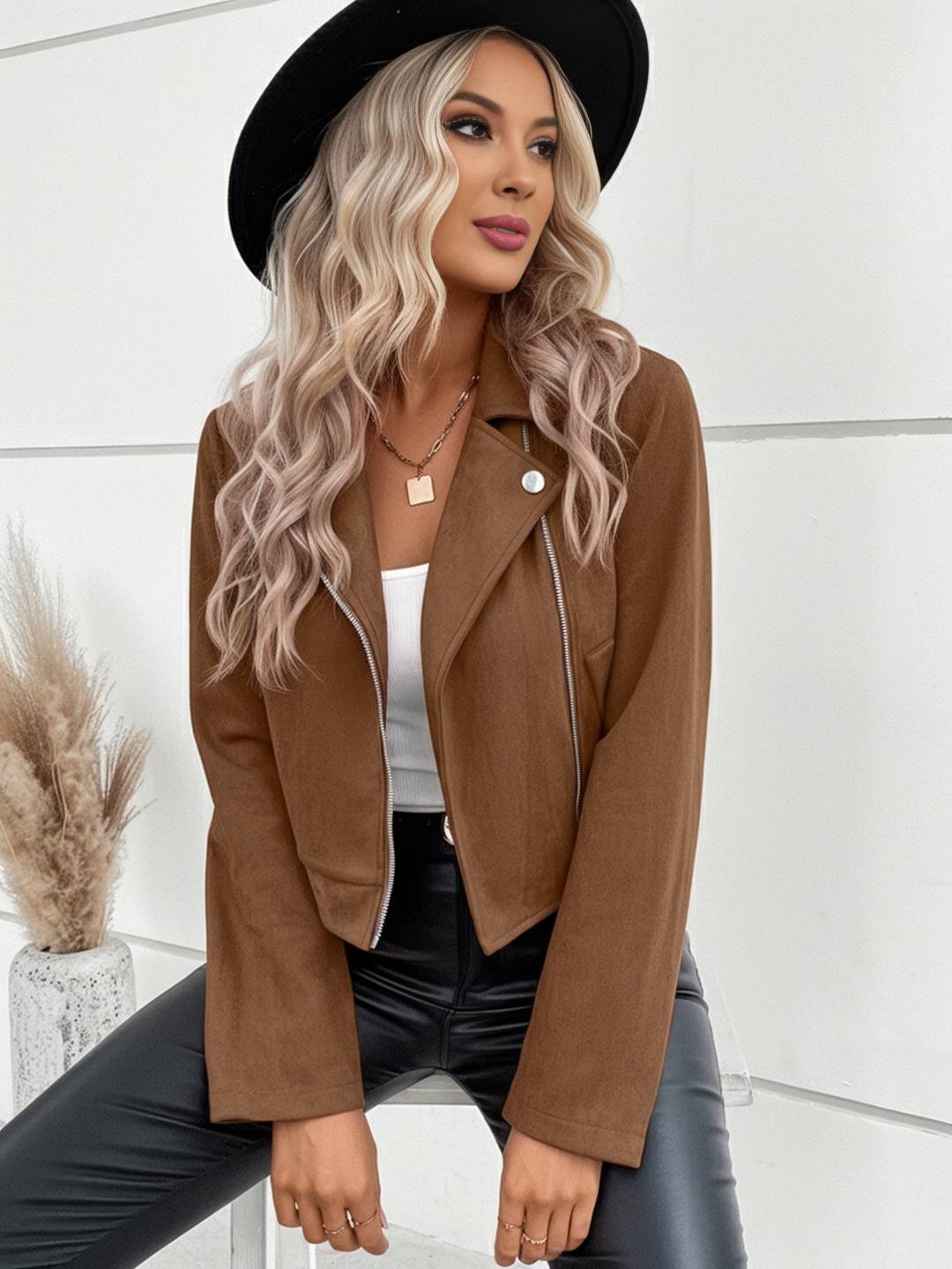 Cocolii court perfecto femme en suedine fermeture éclair poches col revers décontracté veste daim blouson